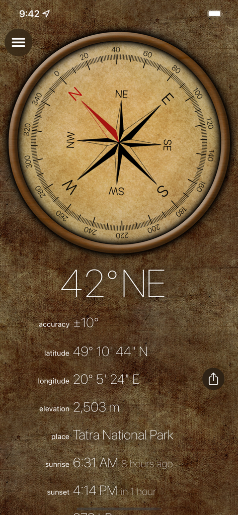 Compass × - Vintage style digital compass interface showing location coordinates elevation and sunset times