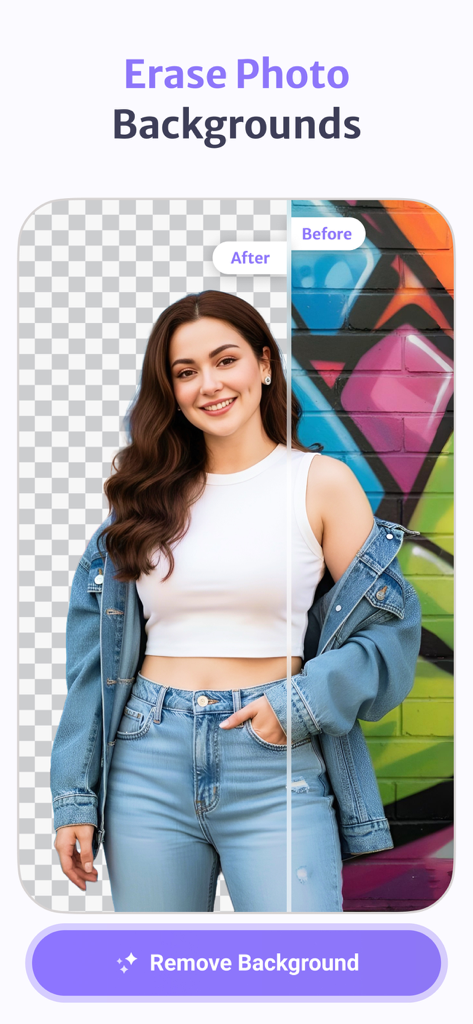Photo & Video BG Remover - Before and after comparison of AI photo background removal on a portrait