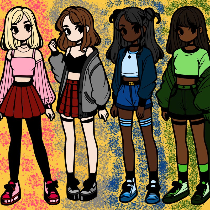 one girl with crop-top shirt and a jacket with a skirt, long socks and another girl with a shirt and pants with a jacket