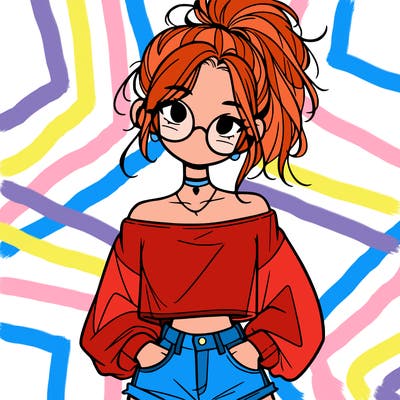 girl with a messy ponytail glasses a baggy crop top and jean shorts