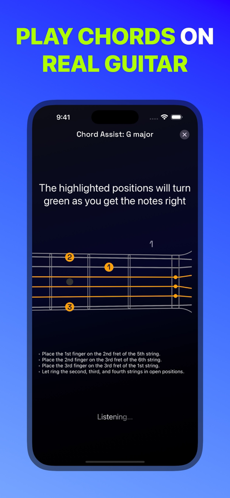 Guitar Wiz: Guitarist Toolkit - Guitar Wiz app Chord Assist screen showing G major finger positions on a virtual fretboard and real time feedback instructions