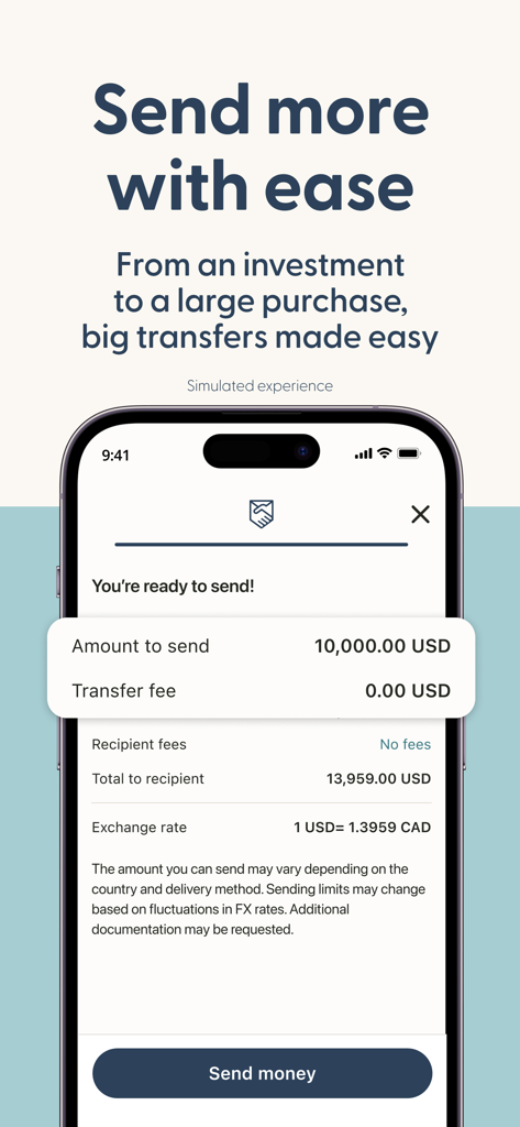 Remitly mobile app interface showing a ten thousand dollar transfer with zero fees