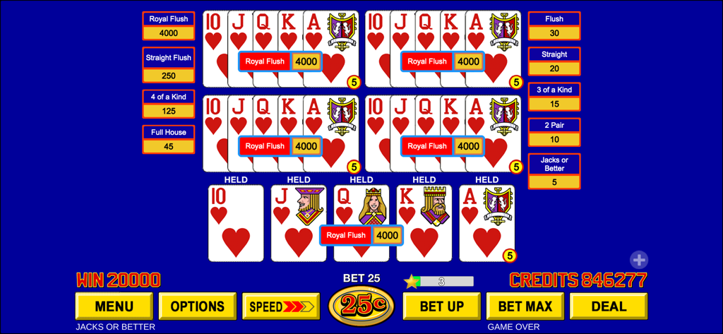 Video Poker ™ - Classic Games - マルチハンドのJacks or Betterビデオポーカーゲームに、ハートのロイヤルフラッシュの5回の勝利が表示されている。