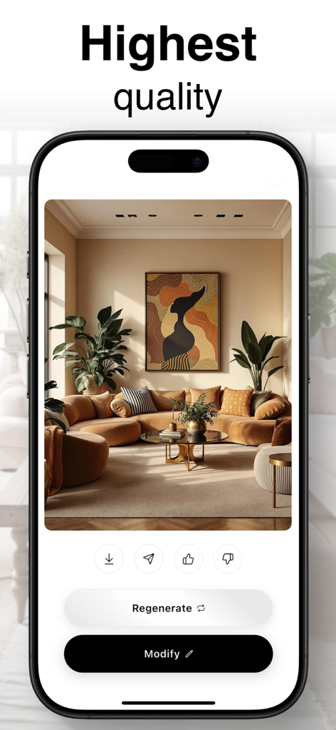 モダンなカーブソファと芸術的な壁の装飾が特徴の高品質なAI生成リビングルームデザインがスマートフォン画面に表示されています。
