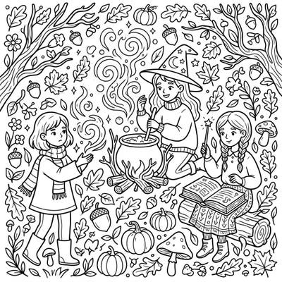 Unleash your creativity with this enchanting autumn-themed coloring page featuring three young witches exploring their magical powers. Immerse yourself in a cozy fall scene filled with spells, pumpkins, and falling leaves.