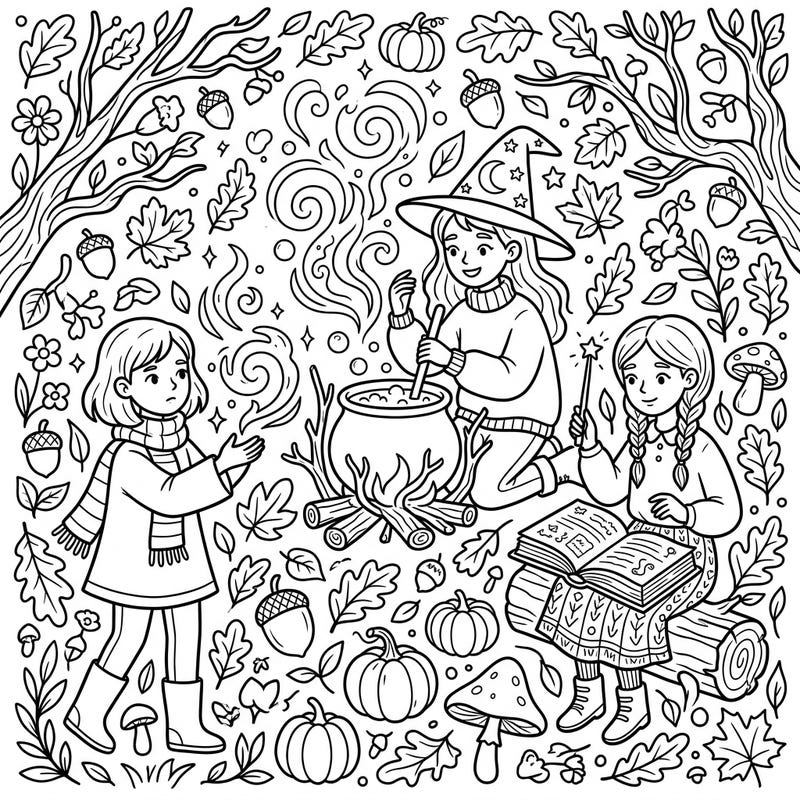 Unleash your creativity with this enchanting autumn-themed coloring page featuring three young witches exploring their magical powers. Immerse yourself in a cozy fall scene filled with spells, pumpkins, and falling leaves.