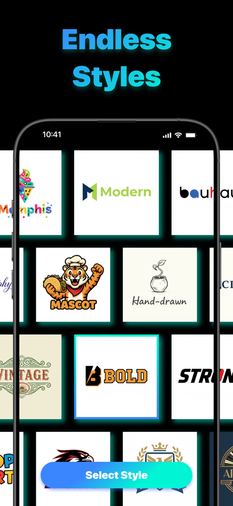 Kitnex의 모바일 앱 인터페이스에 모던 마스코트 및 빈티지 옵션을 포함한 로고 디자인 스타일 갤러리가 표시됩니다.