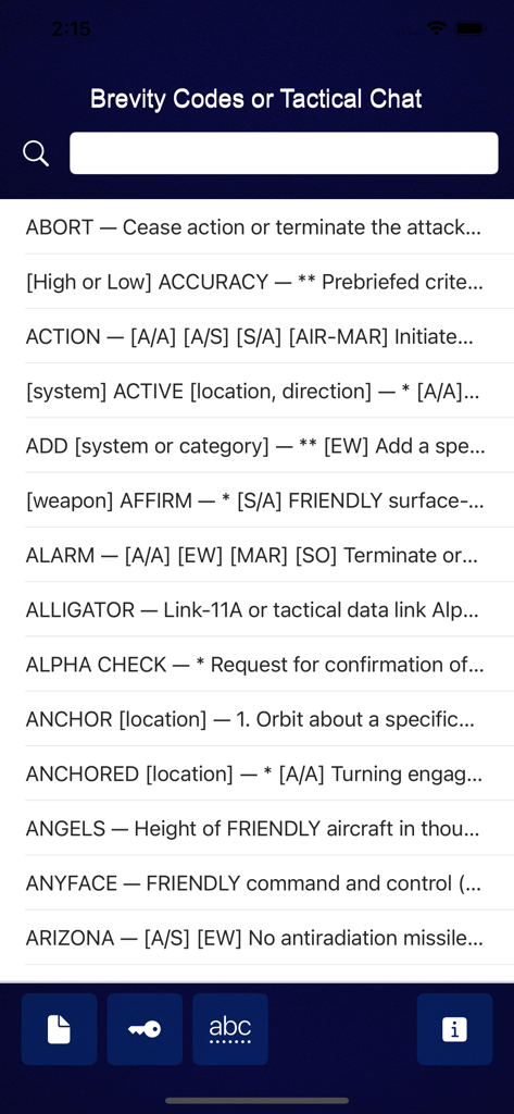 Brevity Code app interface showing a list of military tactical terms and definitions