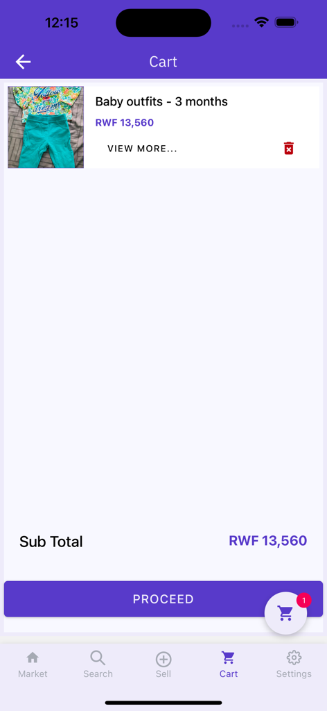 Tela do carrinho de compras no aplicativo UZA Rwanda exibindo um item de roupa de bebê e o subtotal.