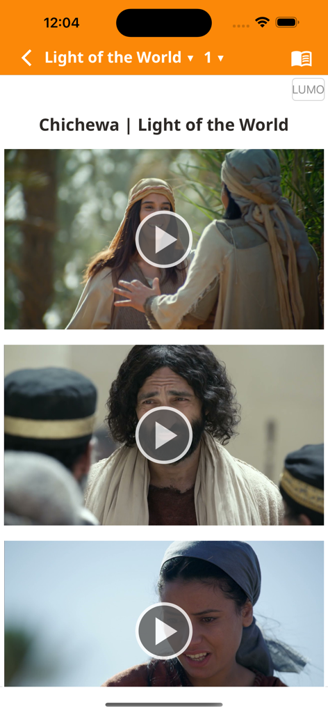 Chichewa Bible - A screen in the Chichewa Bible app displaying biblical video stories from the Light of the World series.