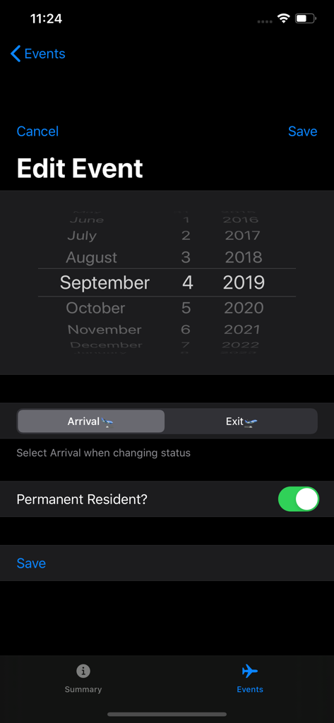 Days in Canada - Screen for editing travel events in the Days in Canada app with date and residency options.
