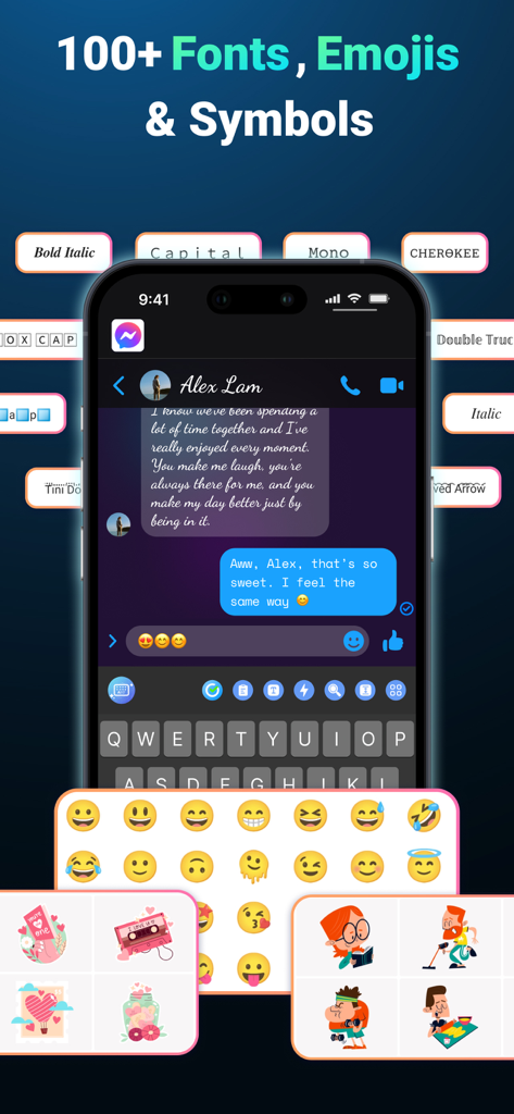 AI Keyboard: Grammar & Writer - Pantalla de smartphone que muestra el teclado IA con una variedad de estilos de fuente personalizados, emojis y pegatinas para mensajería