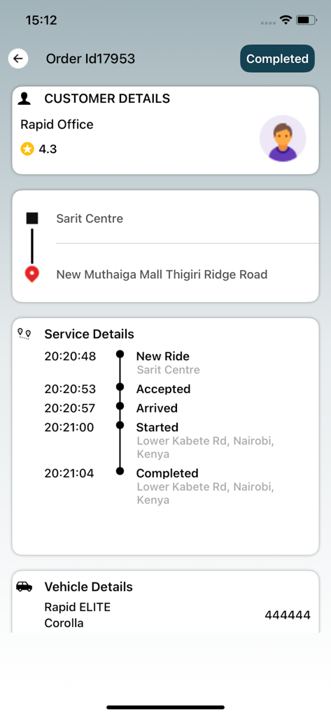 Rapid Ride Partner - A mobile interface of the Rapid Ride Partner app displaying a completed trip summary with customer details and a service timeline.