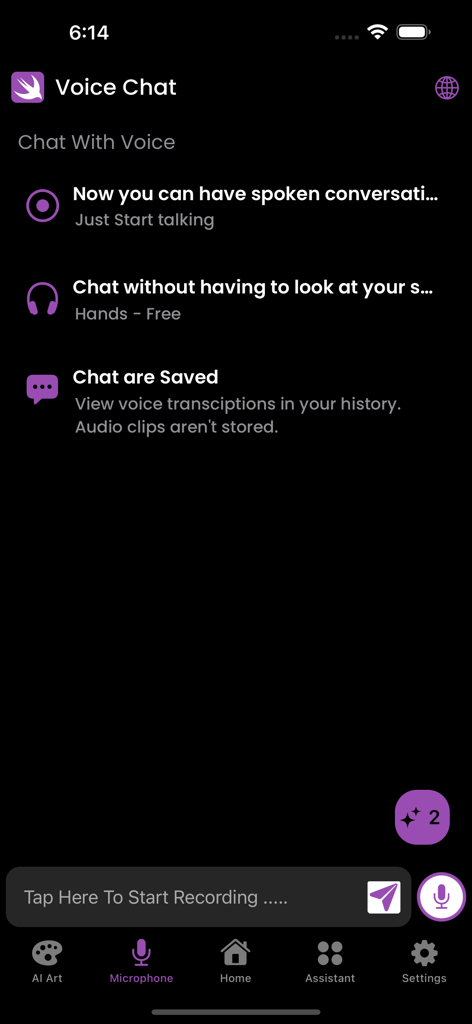 Voice chat interface of the Black.AI app showing hands-free conversation and transcription features.