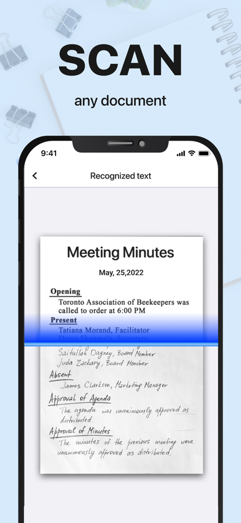 xScan : Document Scanner App - Pantalla de iPhone mostrando la aplicación xScan escaneando actas de reunión para reconocimiento de texto