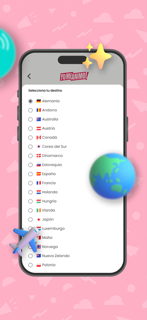 YoMeAnimo! - Smartphone screen showing a list of countries for selecting a travel destination in the YoMeAnimo app