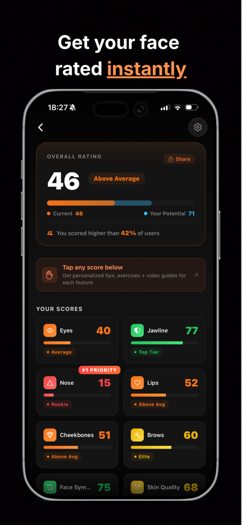 Ascend - Looksmax & Mog AI - Screenshot of Ascend app displaying facial feature ratings and overall score