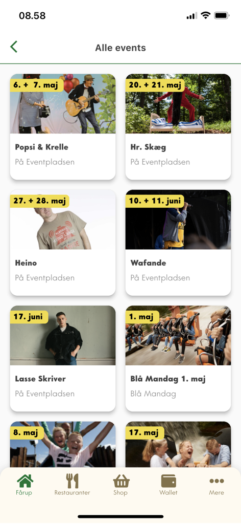 Fårup Sommerland - A mobile screen showing the upcoming events list in the Fårup Sommerland app with dates and performer images.
