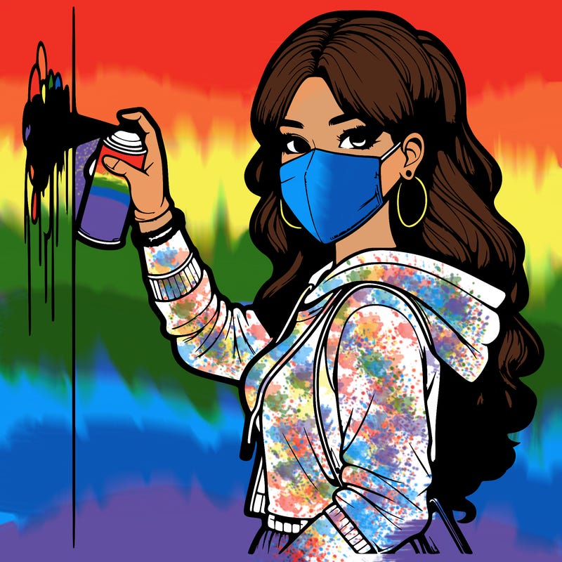 realistic girl with mask spray painting a wall