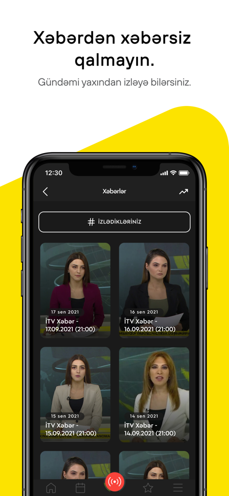 İCTİMAİ TV - Interface mobile de l'application Ictimai TV montrant les récentes émissions d'actualités et les présentateurs azerbaïdjanais