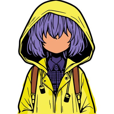 little anime girl in a raincoat her hair is covering her eyes she has a lighter