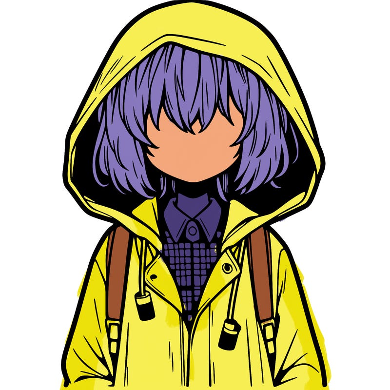 little anime girl in a raincoat her hair is covering her eyes she has a lighter