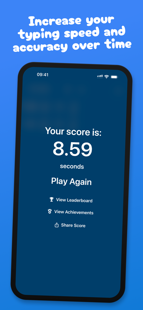 Typr - Typr app screen showing a typing speed score of 8.59 seconds with options to play again or view leaderboards.