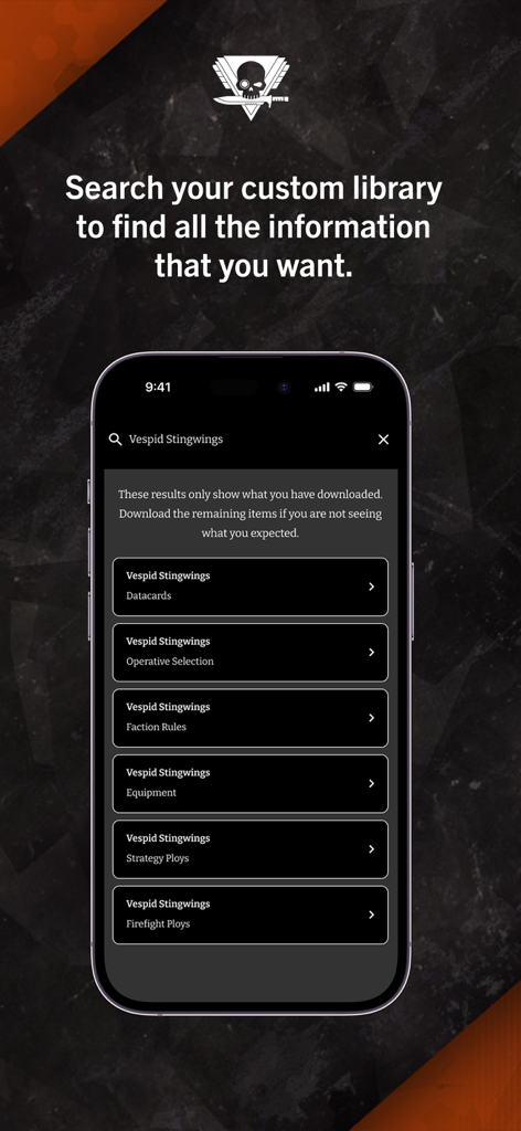 Kill Team: The App - Search screen of the Kill Team app showing tactical rules and datacards for the Vespid Stingwings faction