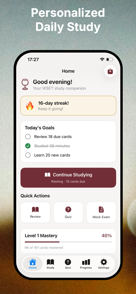 VinoPrep home screen showing personalized daily study goals and WSET exam progress.