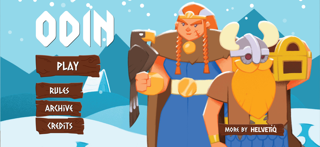 Odin - Helvetiq - Hauptmenü des Odin-Kartenspiels mit Wikinger-Charakteren und Spieloptionen