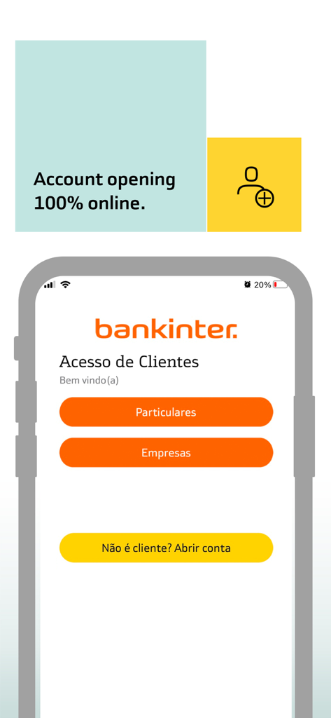 Bankinter Portugal app login screen featuring online account opening and customer access options