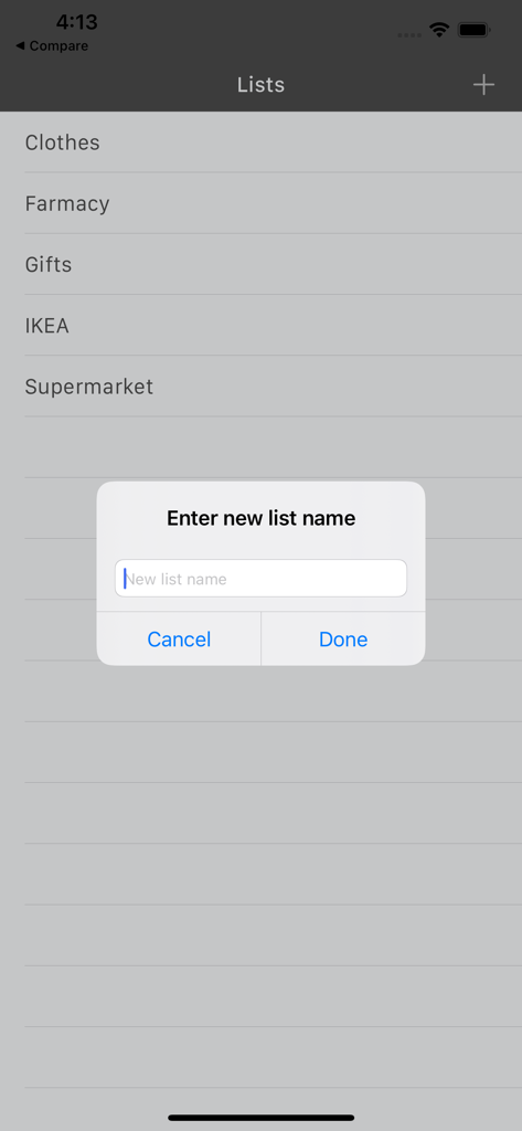 Interface showing multiple shopping lists with a popup dialog to enter a new list name