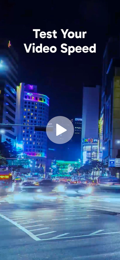 Mobile app screen for testing video streaming speed with a play button over a night city landscape