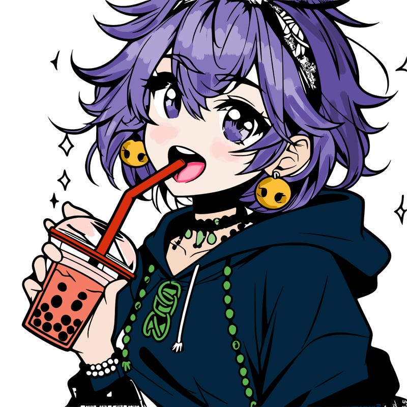hot baddie anime girl drinking boba and biting the straw