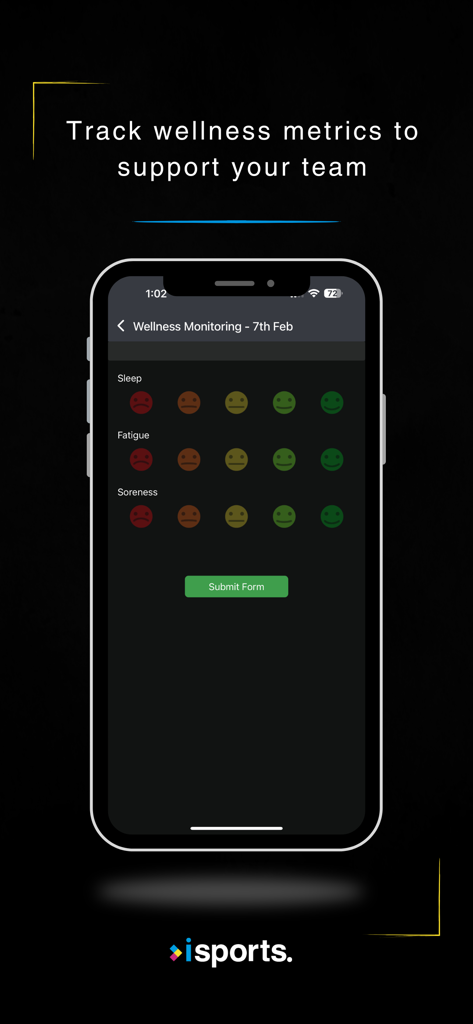 iSports Team - A wellness monitoring form in the iSports Team app showing rating scales for sleep fatigue and soreness.