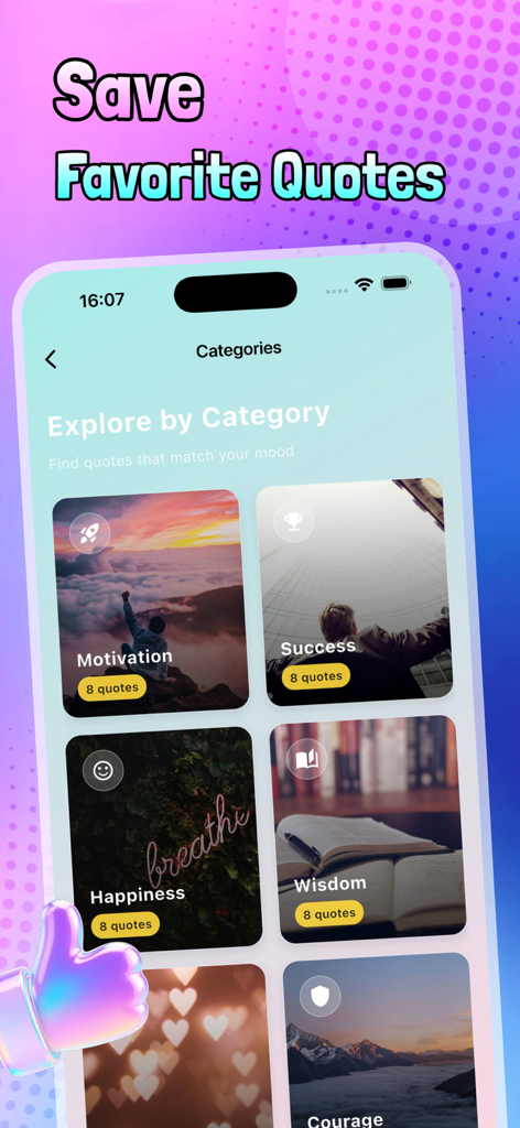 Nexli app interface showing inspirational quote categories like Motivation and Success