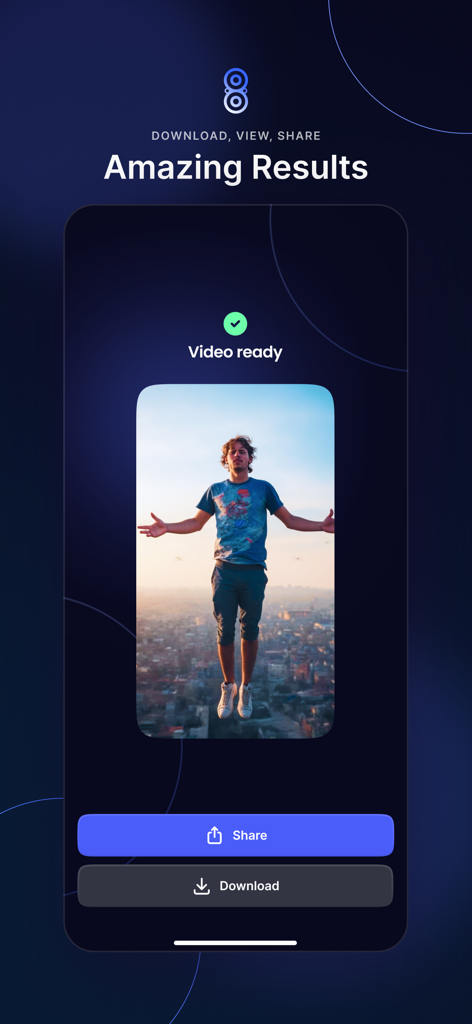 Pixlr-o-matic - Pixlr-o-maticアプリのインターフェース、男性が都市の上空を浮遊し、AI生成動画の共有やダウンロードオプションを表示