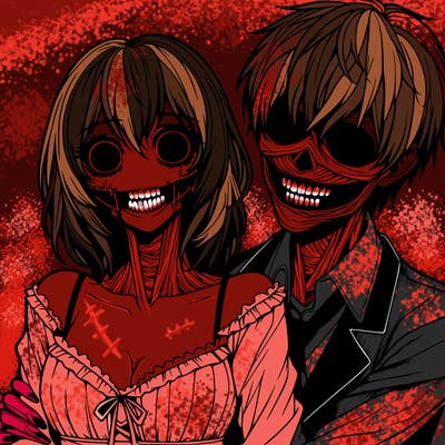 realistic scary creepy girl and boy couple romance horror anime