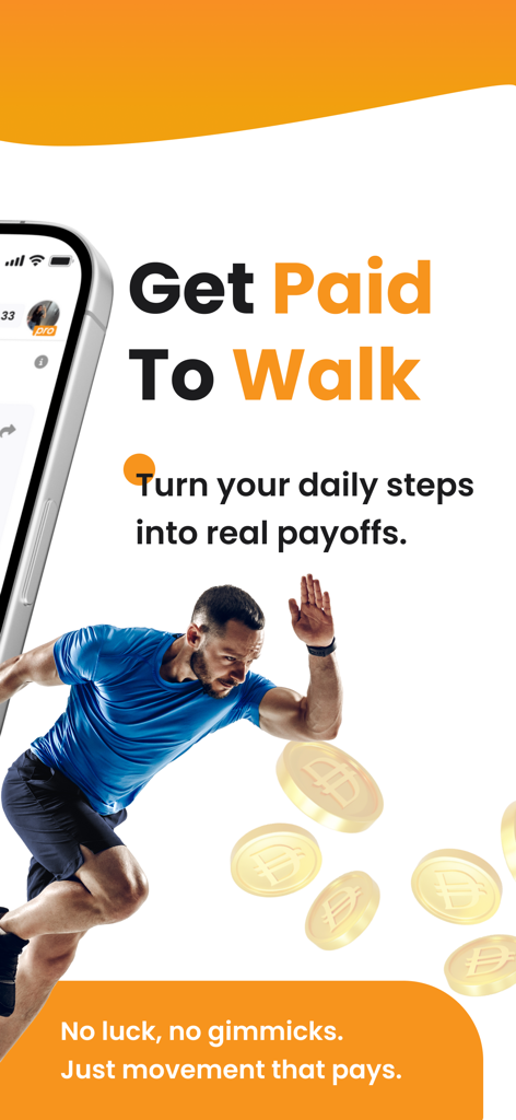 Fitze-Get Rewarded for Walking - Gráfico de marketing para la aplicación Fitze que muestra a un hombre corriendo rodeado de monedas de oro con el texto Gana Dinero por Caminar