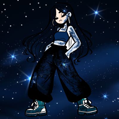 girl in baggy pants crop top and long hair