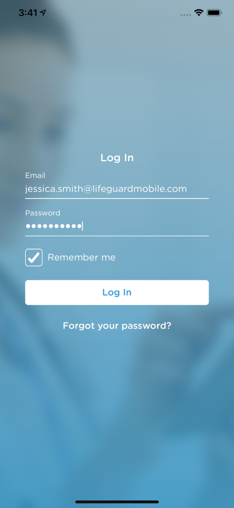 Login screen for the LifeguardHCP healthcare professional app with email and password fields
