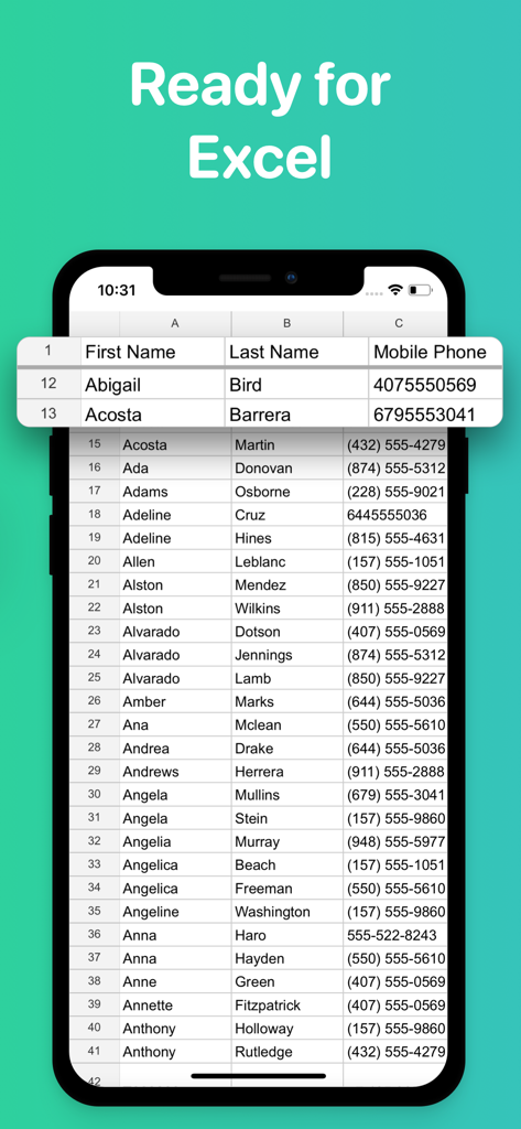 Export Contacts to Excel, CSV - Excel 스프레드시트 형식으로 iPhone 연락처를 표시하는 모바일 앱 인터페이스