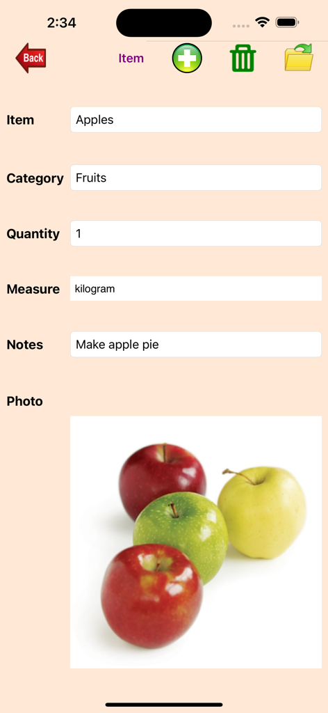 Shopping-List. - Entrada detallada del artículo para manzanas en la aplicación Shopping-List, mostrando foto y cantidad.