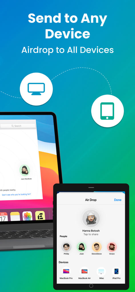 Phone Clone - Copy My Data - La aplicación Phone Clone muestra la interfaz para enviar archivos a múltiples dispositivos, incluidos MacBook e iPad Pro