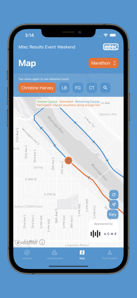 Interactive marathon course map with live participant tracking in the Mtec Results app