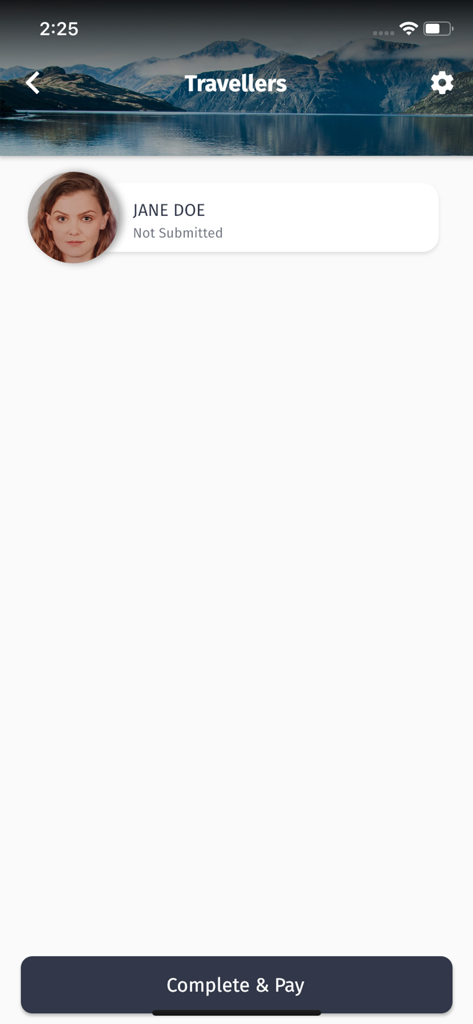 NZeTA mobile app screen showing a list of travelers with a profile for Jane Doe and a complete and pay button