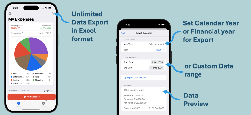 Expense Trail - Budget Tracker - Expense Trail app dashboard with spending pie chart and data export settings
