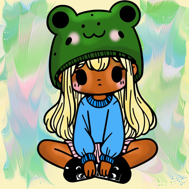 a girl wearing a frog hat and some frog socks