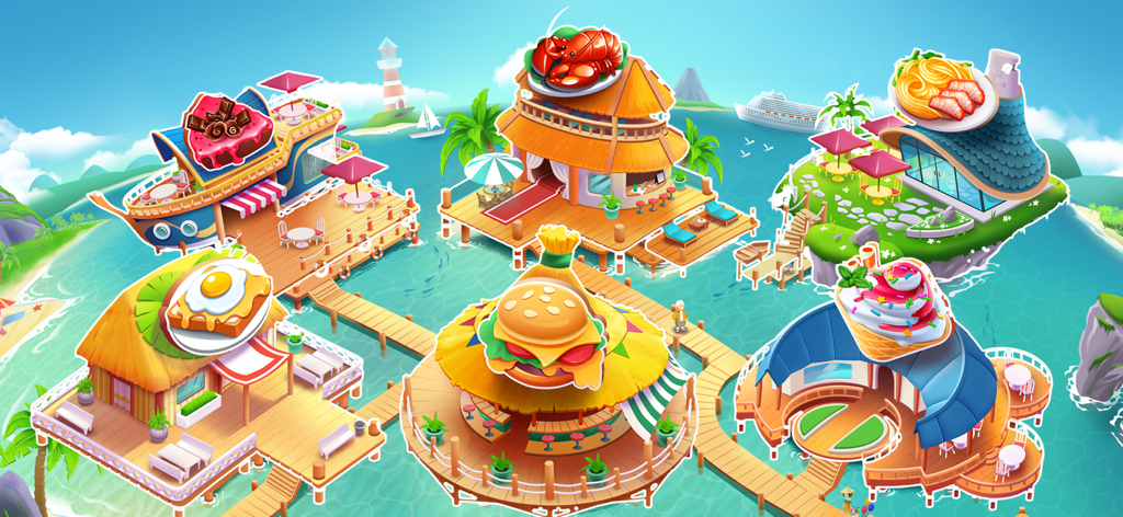 Cooking Seaside: Beach food - Vibrant tropical map showing several food themed restaurants on the ocean
