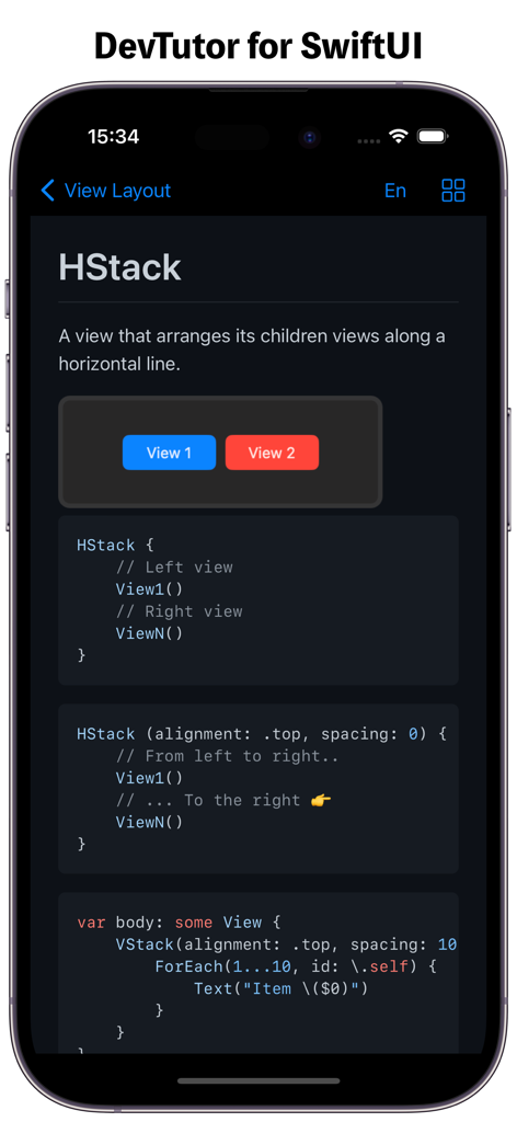 DevTutor: Learn Swift, SwiftUl - A mobile app interface displaying SwiftUI HStack documentation with code and visual preview